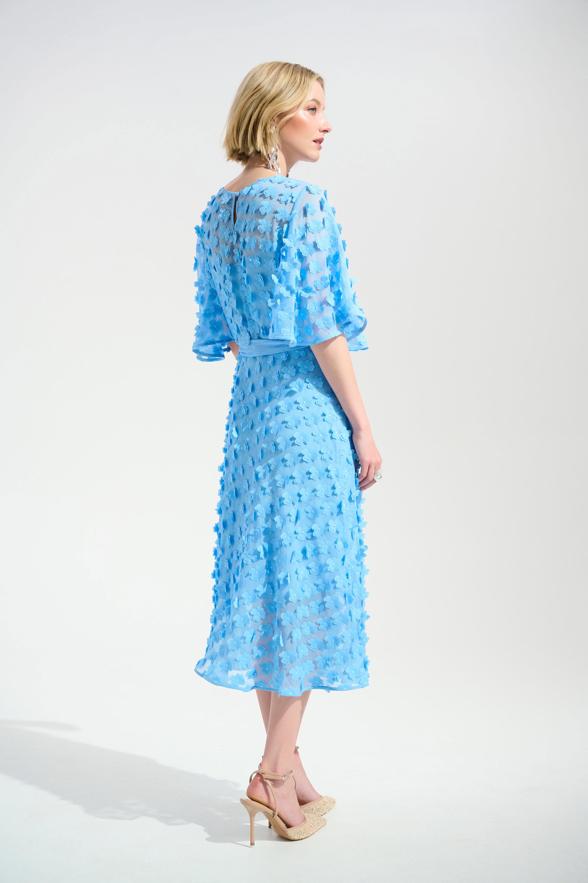 3D EMBROIDERED FIT AND FLARE DRESS WITH SASH BELT