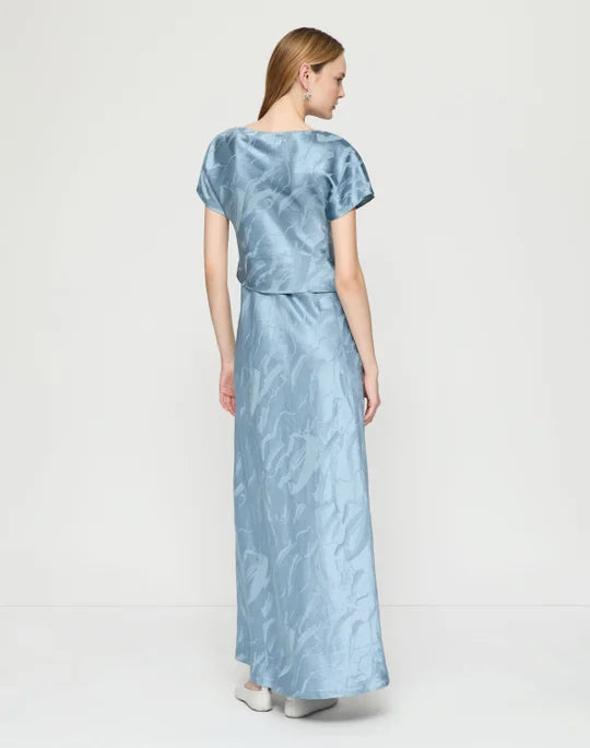 JACQUARD DRAPE FRONT MAXI DRESS