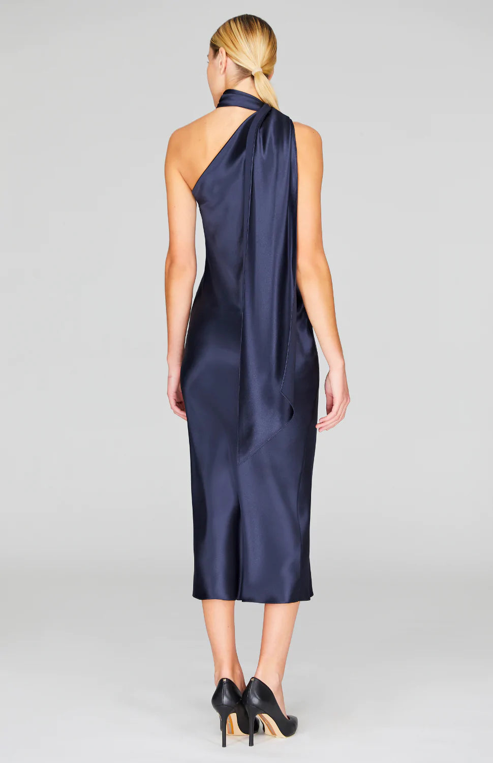 SATIN ONE SHOULDER BIAS DRESS WITH SCARF